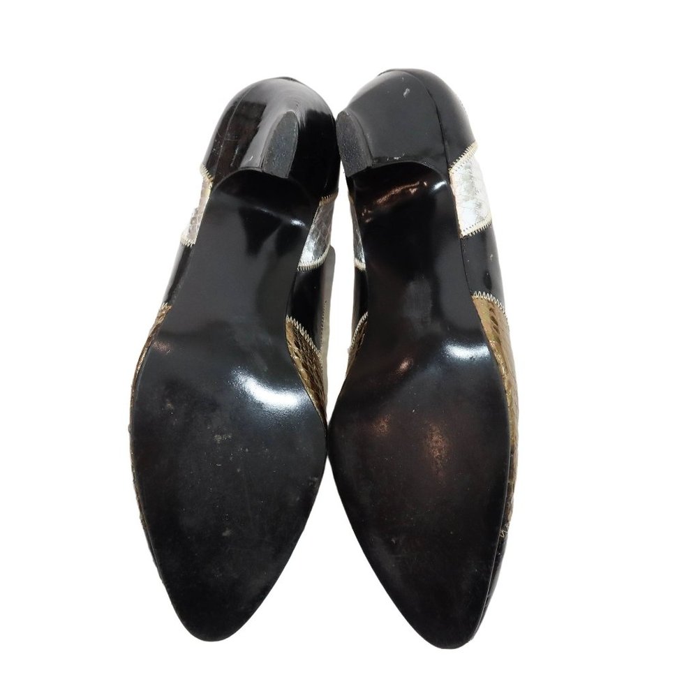 Vintage 60s 70s ROSINA FERRAGAMO SCHIAVONE 8M Snakes Skin Gold Silver Heels Shoe - Picture 9 of 11